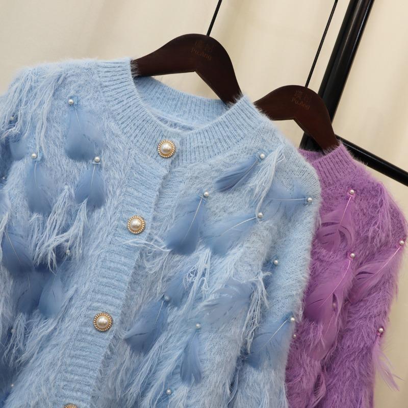 Autumn and Winter Imitation Mink Velvet Gentle Wind Design Feeling Feather Beads Fringed Knitted Cardigan Sweater Jacket Women