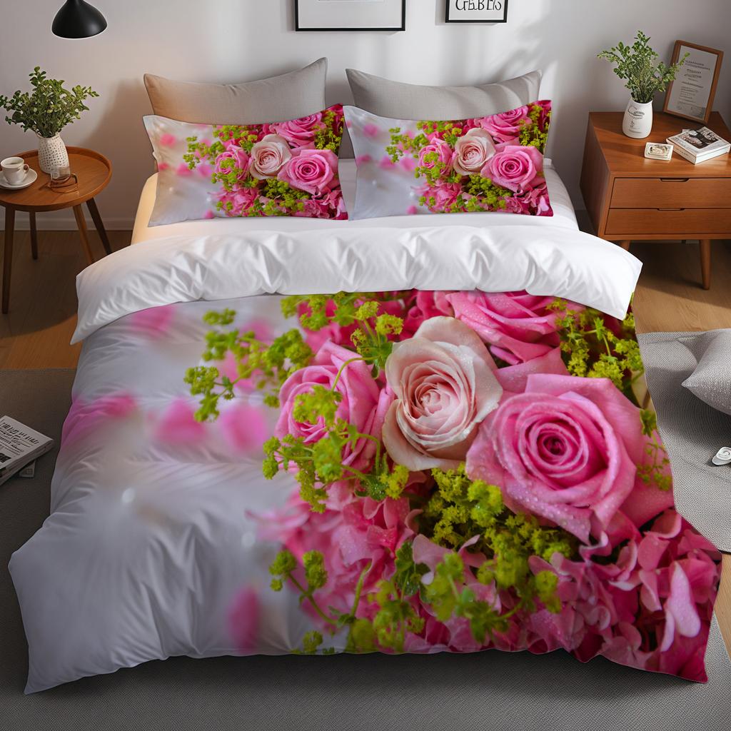 3D Digital Printing Three-Piece Set, Spring Flower Series Rose Quilt Set, Bedding Three-Piece Set
