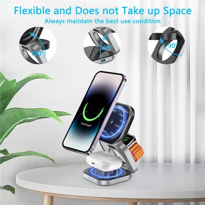 Foldable 3 In 1 Fast Magnetic Wireless Charger Stand Pad Magnet Wireless Charging Station For iPhone/Samsung Galaxy Phone Watch