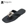 Fashion Luxury Rhinestone Buckle Flip Flops Woman Flats Heeled Slides Shoes Summer Cut-Out Slippers Home Ladies Clip Toe Sandals