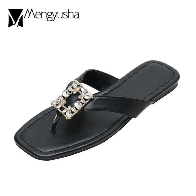 Fashion Luxury Rhinestone Buckle Flip Flops Woman Flats Heeled Slides Shoes Summer Cut-Out Slippers Home Ladies Clip Toe Sandals