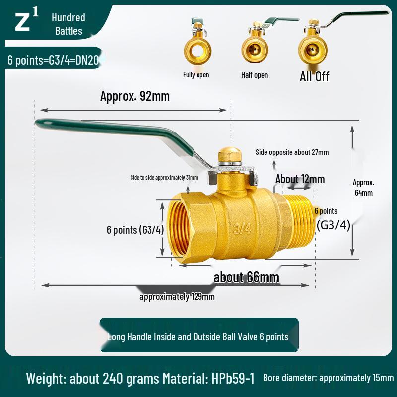 Copper Ball Valve for Gas & Water Heater: Internal/External Thread, Large Flow, Sizes 2-6 Points, 1 Inch