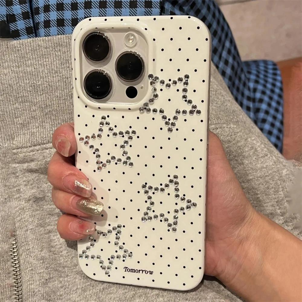Korean Y2K Chic Glitter Rhinestone Star Phone Case For iPhone 16 15 14 13 Pro Max Cute Polka Dot Cover Stylish Girl Shell