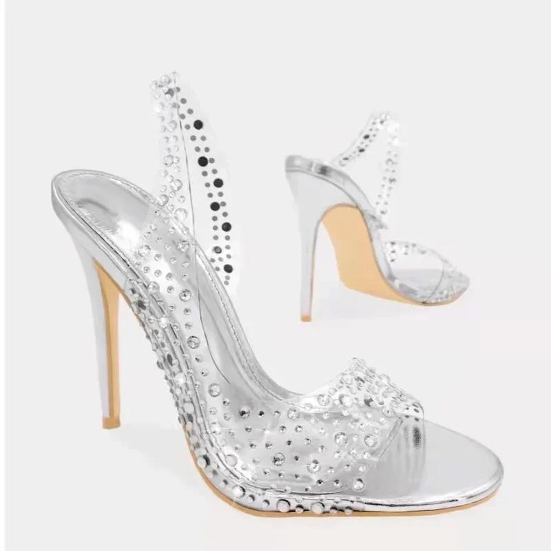 Fashion Champagne Silver Gold Crystal Bride Shoes Clear PVC Bling Bling Rhinestone Slingback Party Sandals Open Toe Sparkly Heels