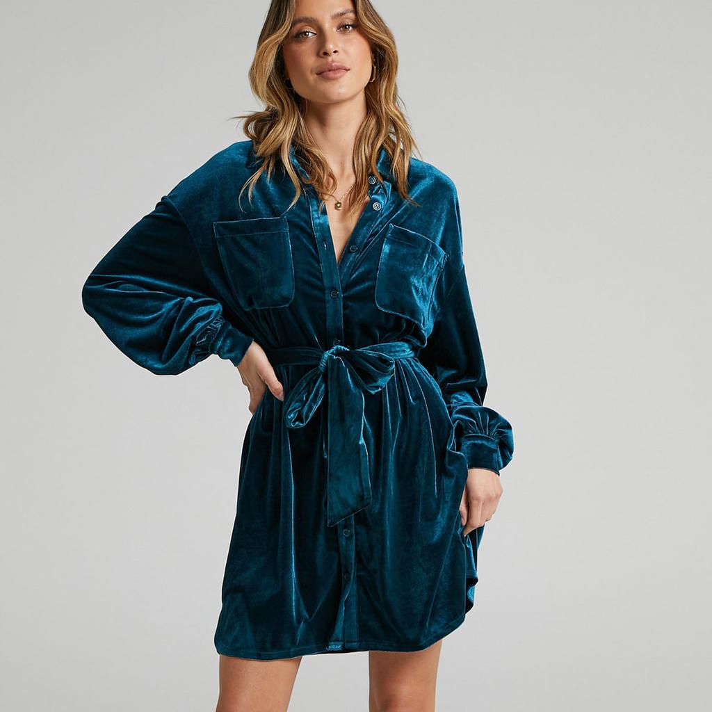 Autumn Winter Women's Velvet Lapel Shirt Dress, Long Button Front Dress with Lantern Sleeves, Comfortable Casual Blouse Style Maxi Dress