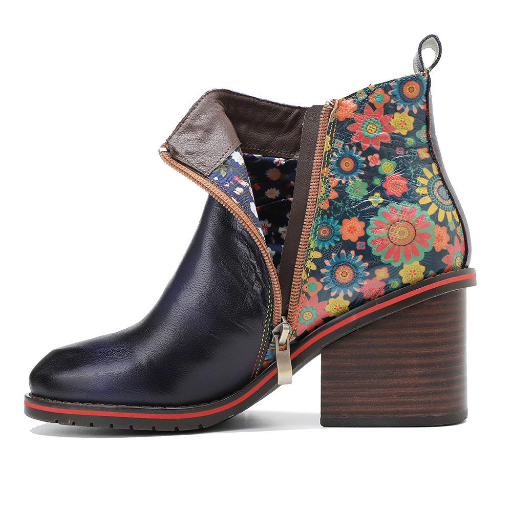 Johnature Genuine Leather Women Shoes Thick Heeled Short Boots  Round Toe Patchwork Handmade Ankle Boots
