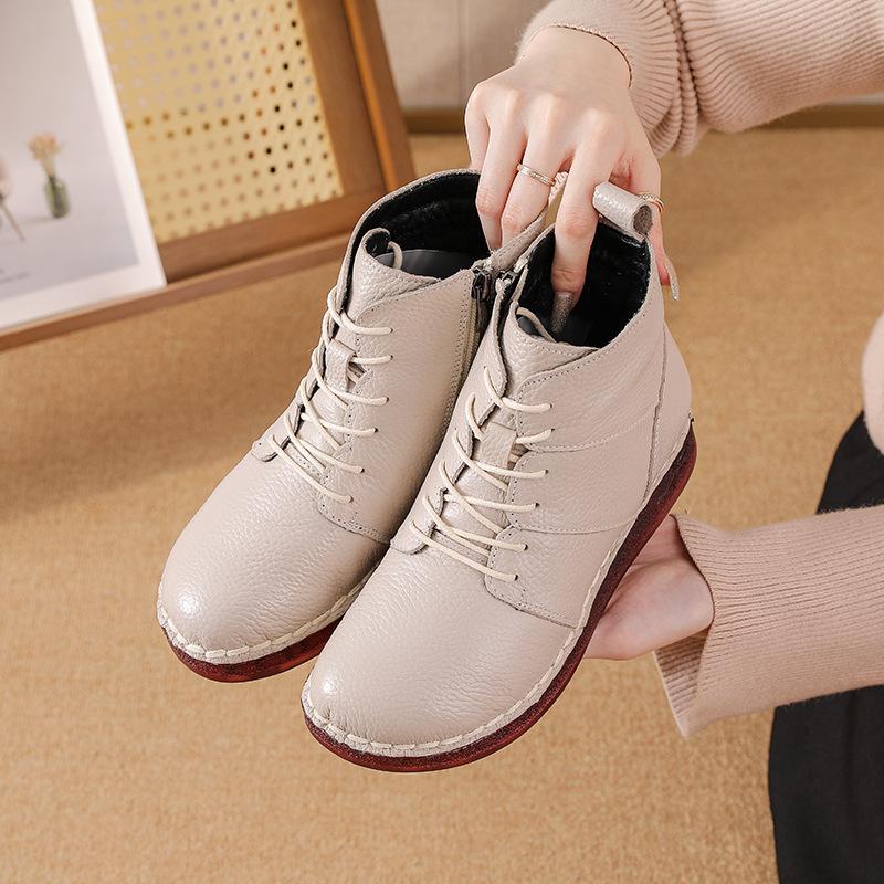 Fashion New winter plush ankle boots woman laced oxford shoes for women winter warm real cow leather booties ladies flat heel short boot