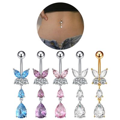 1 piercing para ombligo con forma de mariposa, de acero 316L, de latón y circonita, para el ombligo.