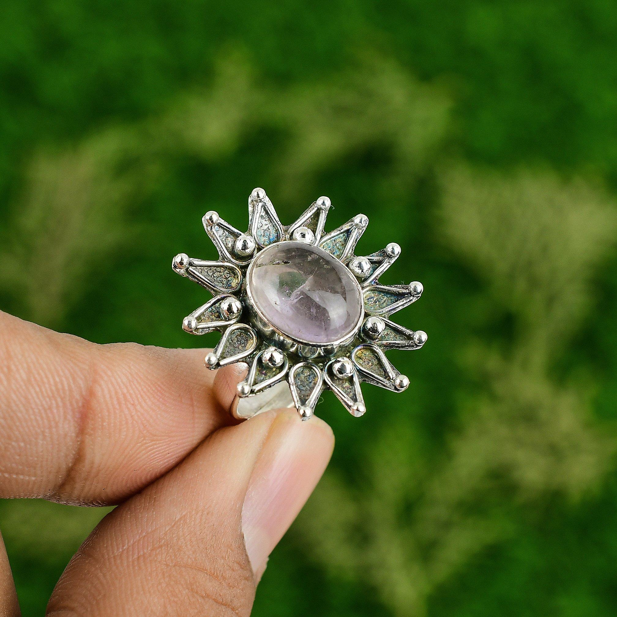 

Sterling Silver African Amethyst Stone Stackable Flower Wedding New Ring Jewelry Adjustable