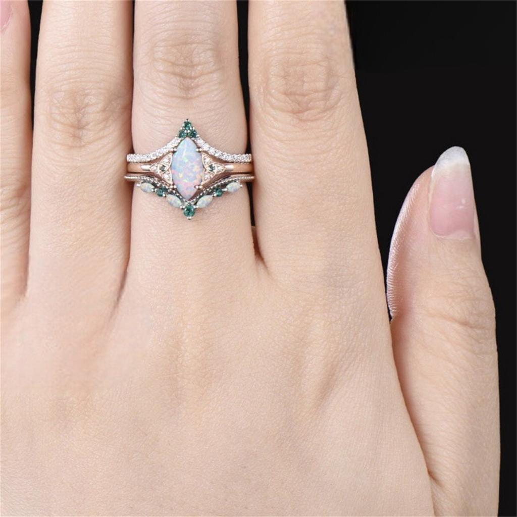 3Pcs/Set Fashion Rose Gold Color Rhinestone Opal Rings For Women Green Crystal Rings Set Wedding Engagement Jewelry Gifts