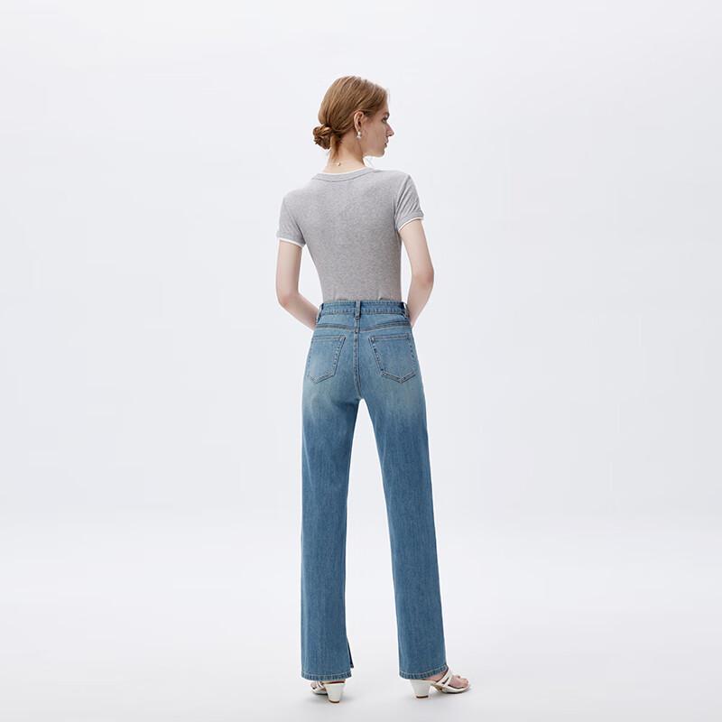 Fengmao Damen Slim Fit Straight Leg Jeans mit Schlitzsaum FMKL7075-3