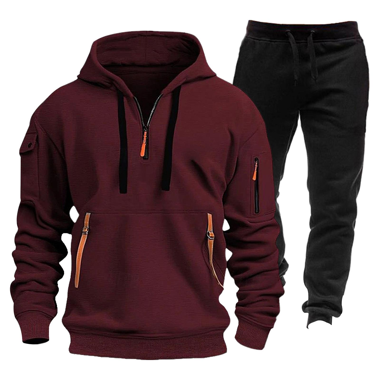 

Men s Winter Fleece Multi-pocket Zipper Sweatshirt Suit Personalized Casual Hoodie Suit M винный