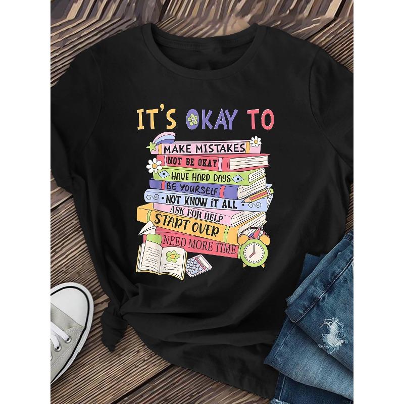 Womens Its Okay Its Okay Mental Health Awareness T Shirt Colorful Books Floral Print Casual Short Sleeve Soft Comfortable Simple Fashion