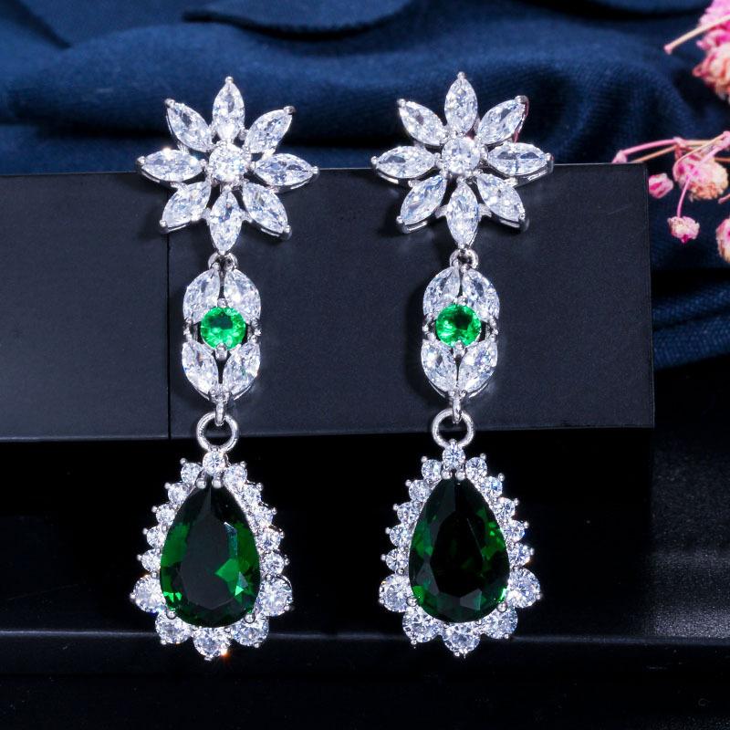 

E0245 High-Grade Zircon Flower Earrings Jewelry Women S Long Water Drop Earrings зелений