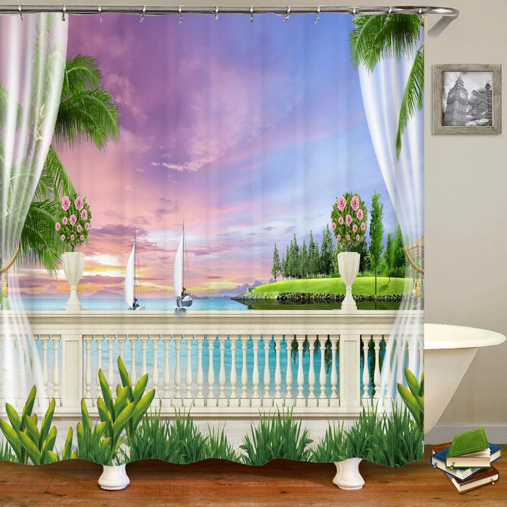 3D Window Opening Scenery Beach Landscape Printing Shower Curtain Washable Fabric Curtain Bathroom Decoration with Hook Curtain