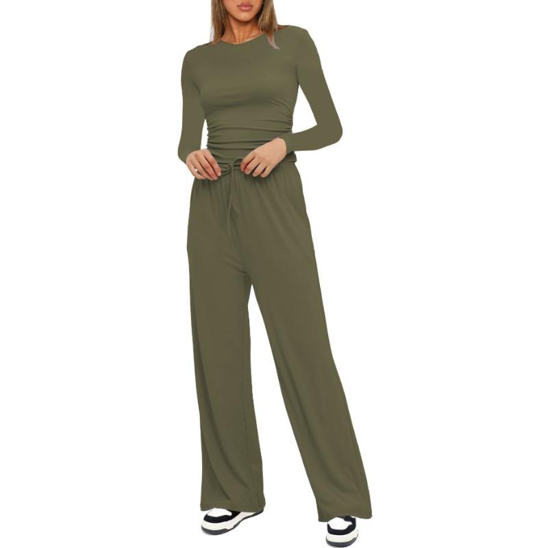 Autumn Women's Casual Pant Suit Pleated Decoration Solid Color Long Sleeve Top High Waisted Wide Leg Pants Sweatshirt