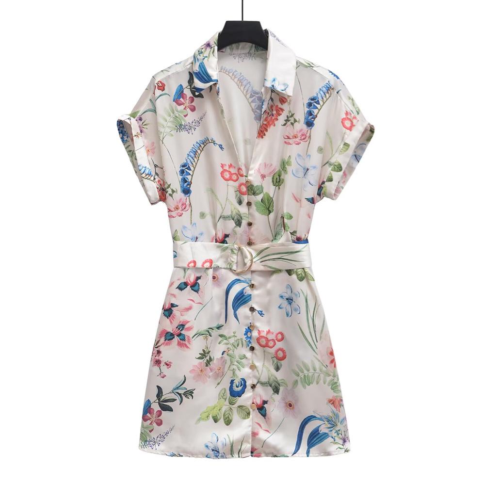 

2025 Spring/Summer Women s V-Neck Floral Silk Satin Dress with Belt XS