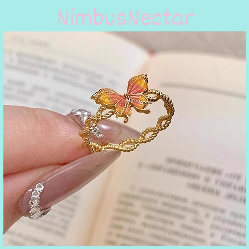 Eleganter Französischer Schmetterling Design Goldfarbverlauf Verstellbarer Ring Für Damen Mit Emaille-Finish