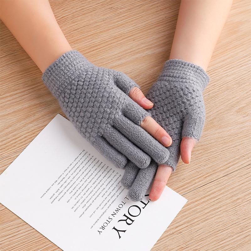 Korean-Style Touchscreen Gloves for Men & Women - Warm Velvet, Winter Cycling, Cute Wool Design, Five-Finger Fit, Ideal for Students