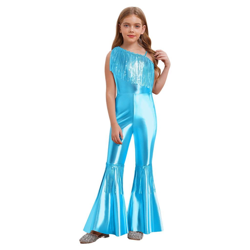Combinaison Fille Paillettes Brillantes Design Sans Manches Décolleté Bardot Ornement à Franges Pantalon Évasé Taille Haute