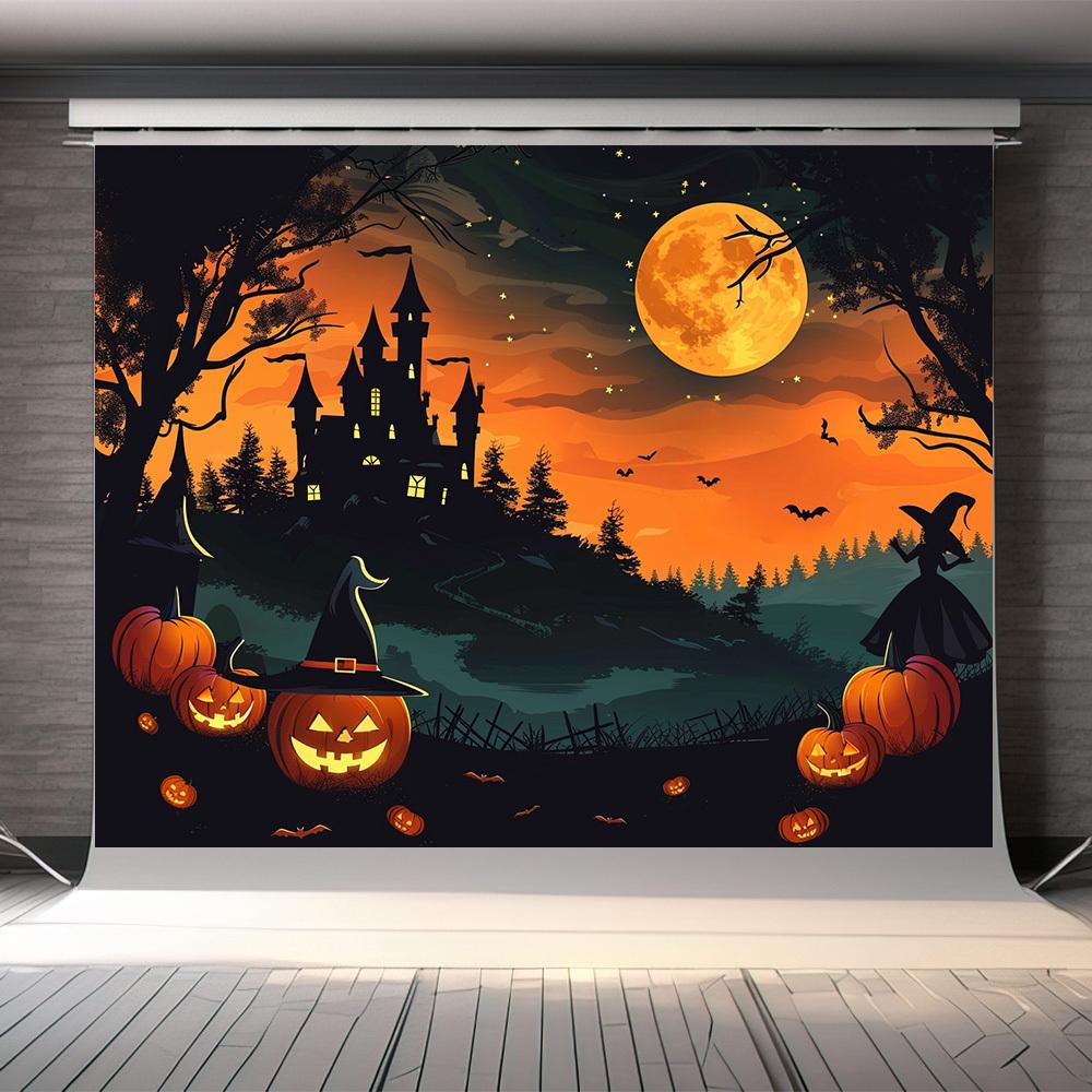 1Pcs Halloween themed photography background  castle pumpkin bats in the moonlight background