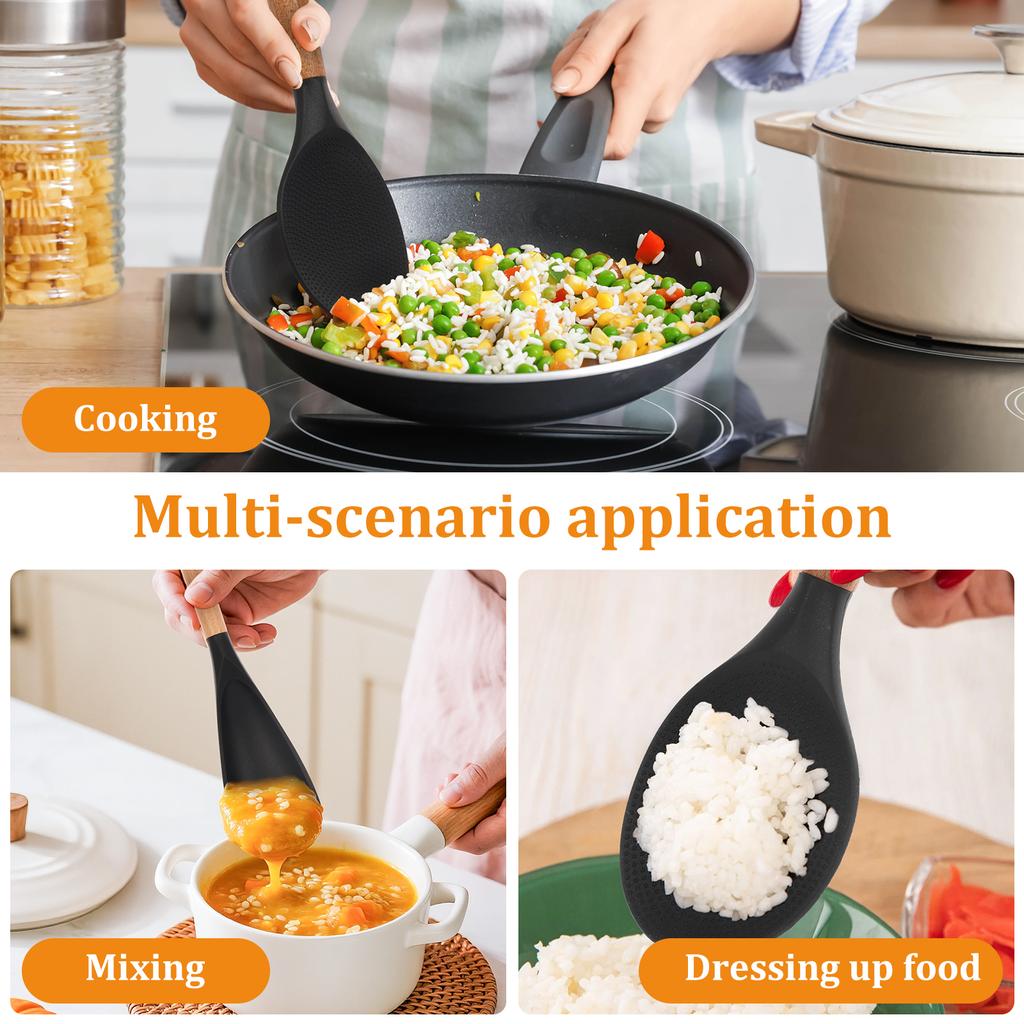 4 st Mångsidig Matlagningssked och Risspade Set Silikon Serveringsspatel Sked med Trähantag Köksmatlagningsredskap