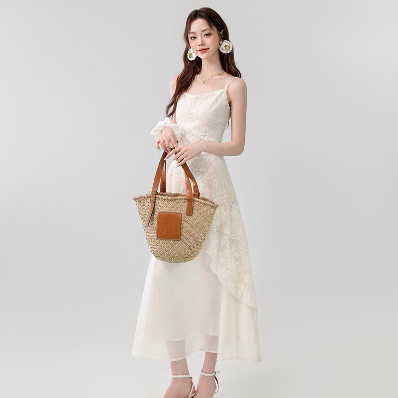 2026 Summer French Apricot Lace Embroidered Irregular Long Camisole Dress for Women
