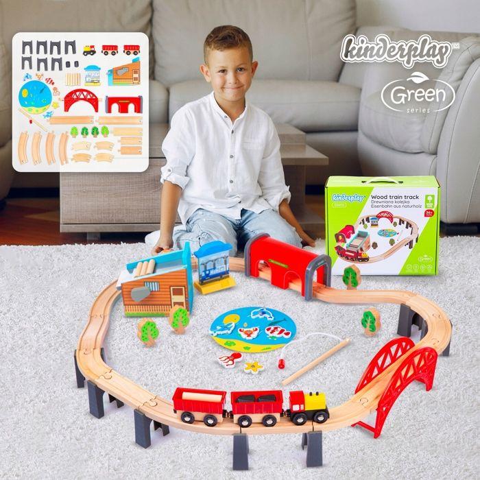 Train en bois kinderplay green series avec rails, locomotive, wagons, pont, scierie et pêche magnétique (gs6151)