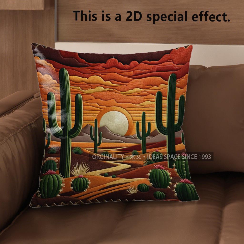 2D Retro Desert Sunset Cactus Throw Pillow Covers** Pattern Cushion Cover Suitable For Sofa Bedroom Car Pillow Cover