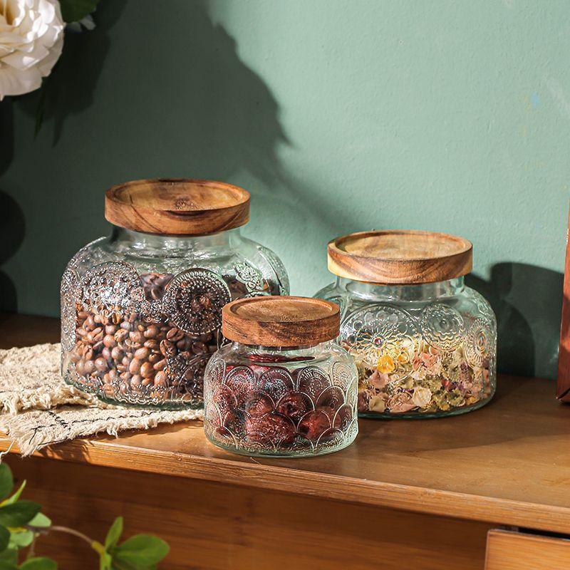 Vintage Begonia Pattern Glass Sealed Jar Storage Box Kitchen Household Dried Fruit Snacks Large Capacity Storage Jar Container