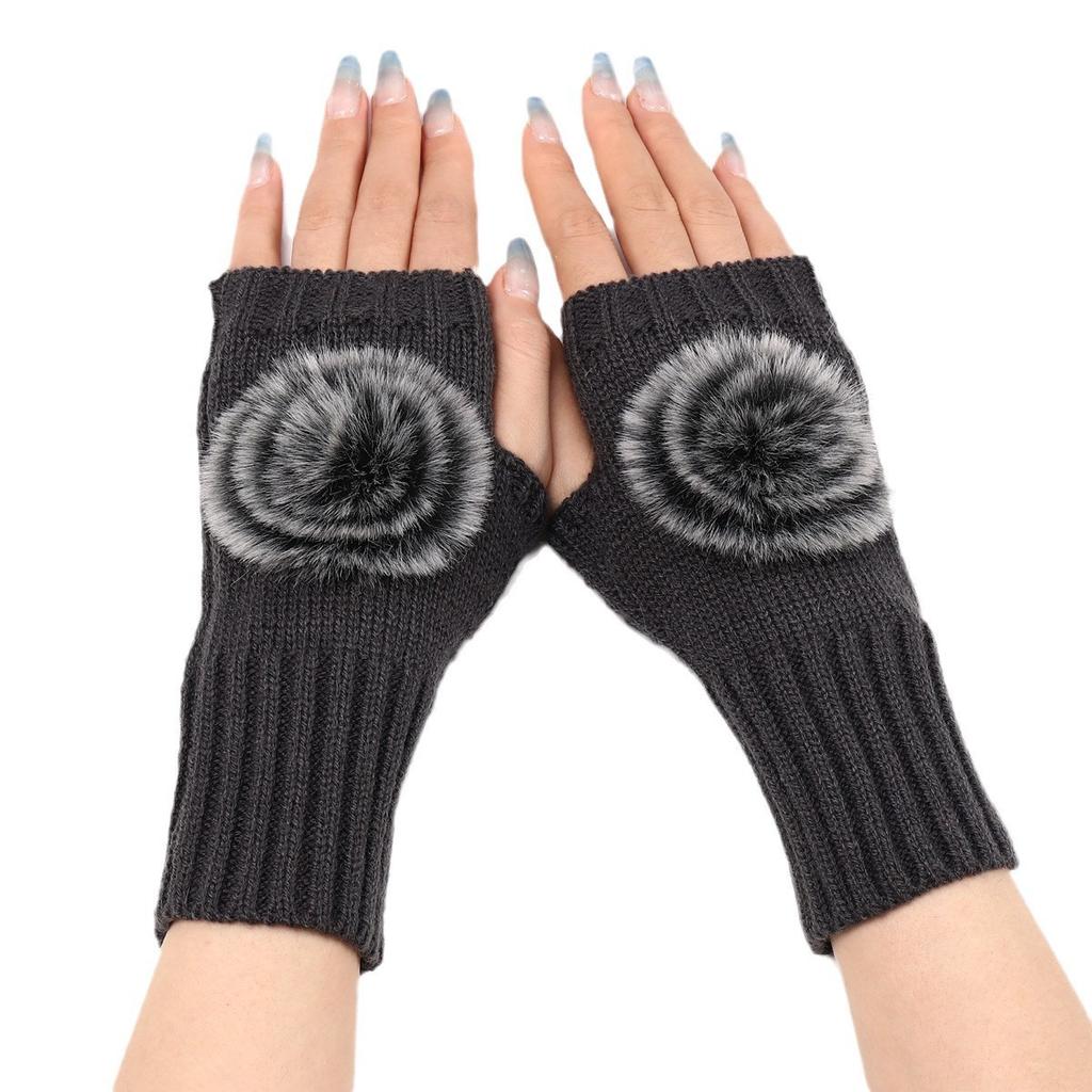New Short Pom Pom Gloves for Women's Fashion Autumn and Winter Knitted Woolen Sleeve Sleeves for Warmth  Half Finger Exposed Gloves