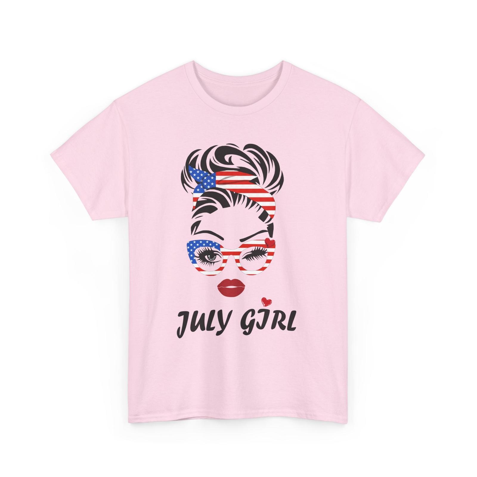 4th of July Shirt, July Girl Messy Bun American Flag Cute T-Shirt L