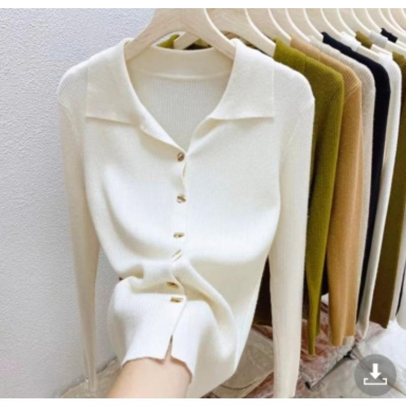 

Вязаная базовая рубашка с лацканами и длинными рукавами, новый топ на весну и осень, женский свитер с длинными рукавами, тренд One Size белый