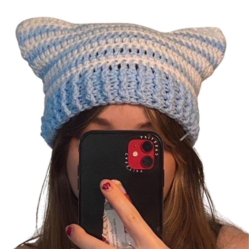 Fashion Beanie Hat for Women Girls Cat Ear Knit Hat Lovely Anime Skull Hat Y2K Moom Crochet Bonnet Hat Punk Headdress