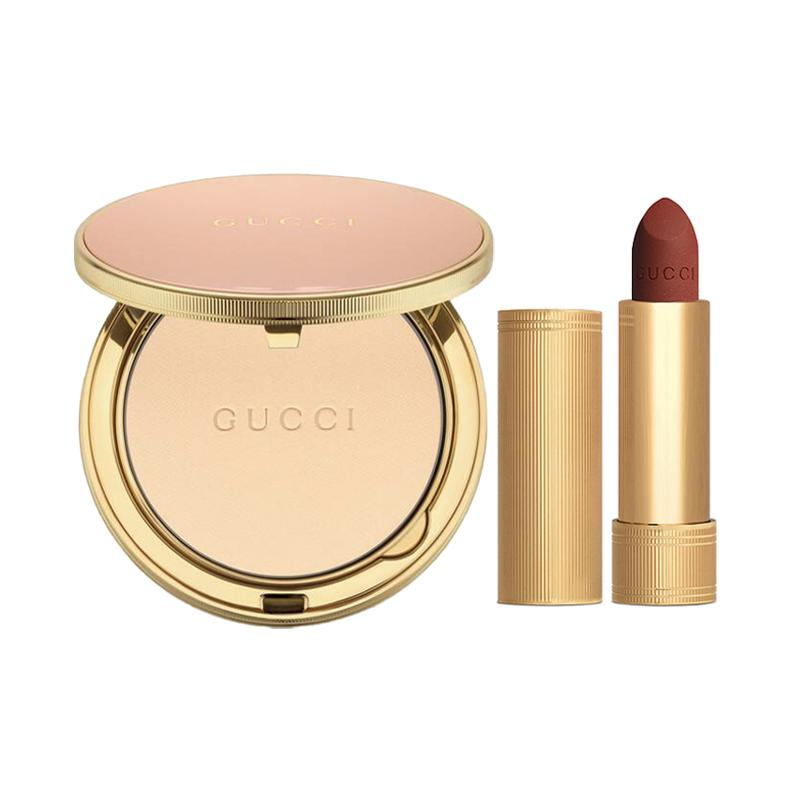 Gucci Golden velvet lipstick rose gold powder makeup set oil control long-lasting + Powder #01 + Gold Tube Lipstick #505