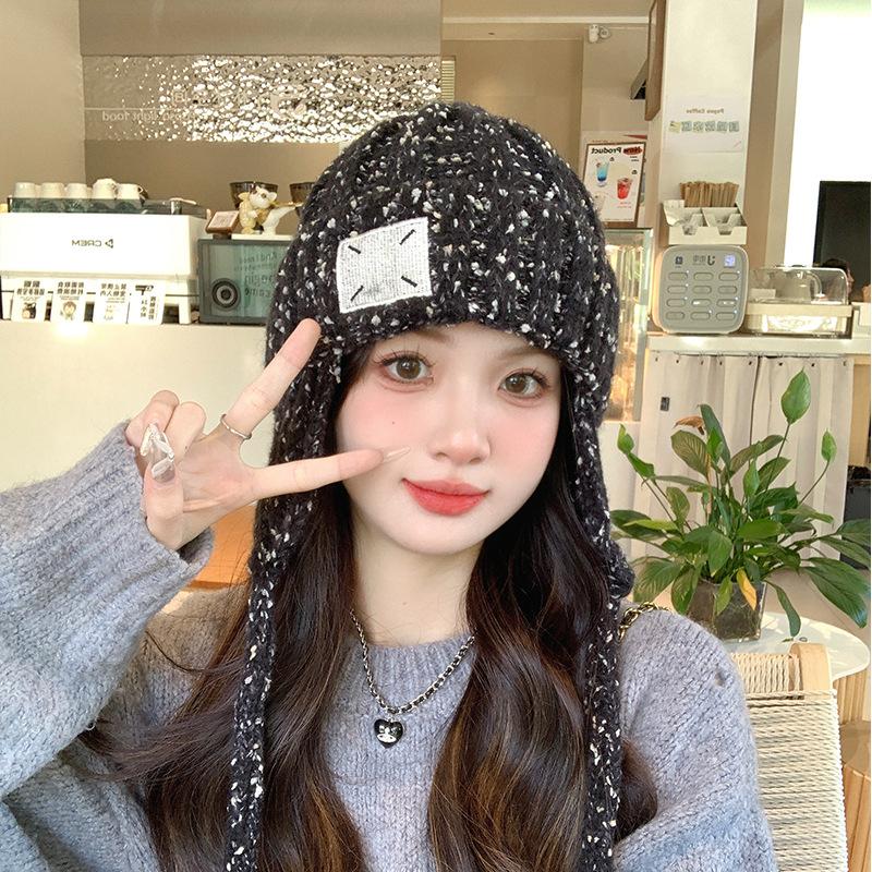 Cloth label wool hat women's winter thickened warm ear protection fashionable versatile cold-proof face small knitted hat