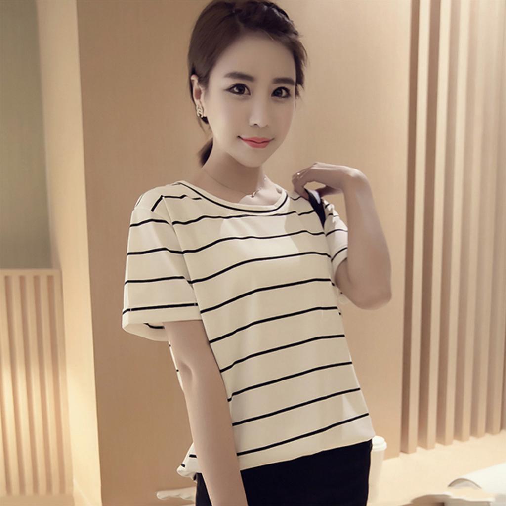 New Summer Korean Style Loose Large-size Striped Short-sleeved T-shirt Women's Top Base Shirt Women's