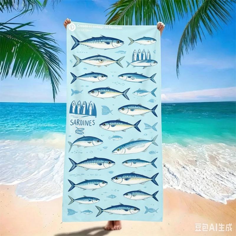 Pop Art Sardines Beach Towel - Quick Dry Microfiber with Colorful Fish Can Collage, Retro Artistic Sand Free Blanket for Summer