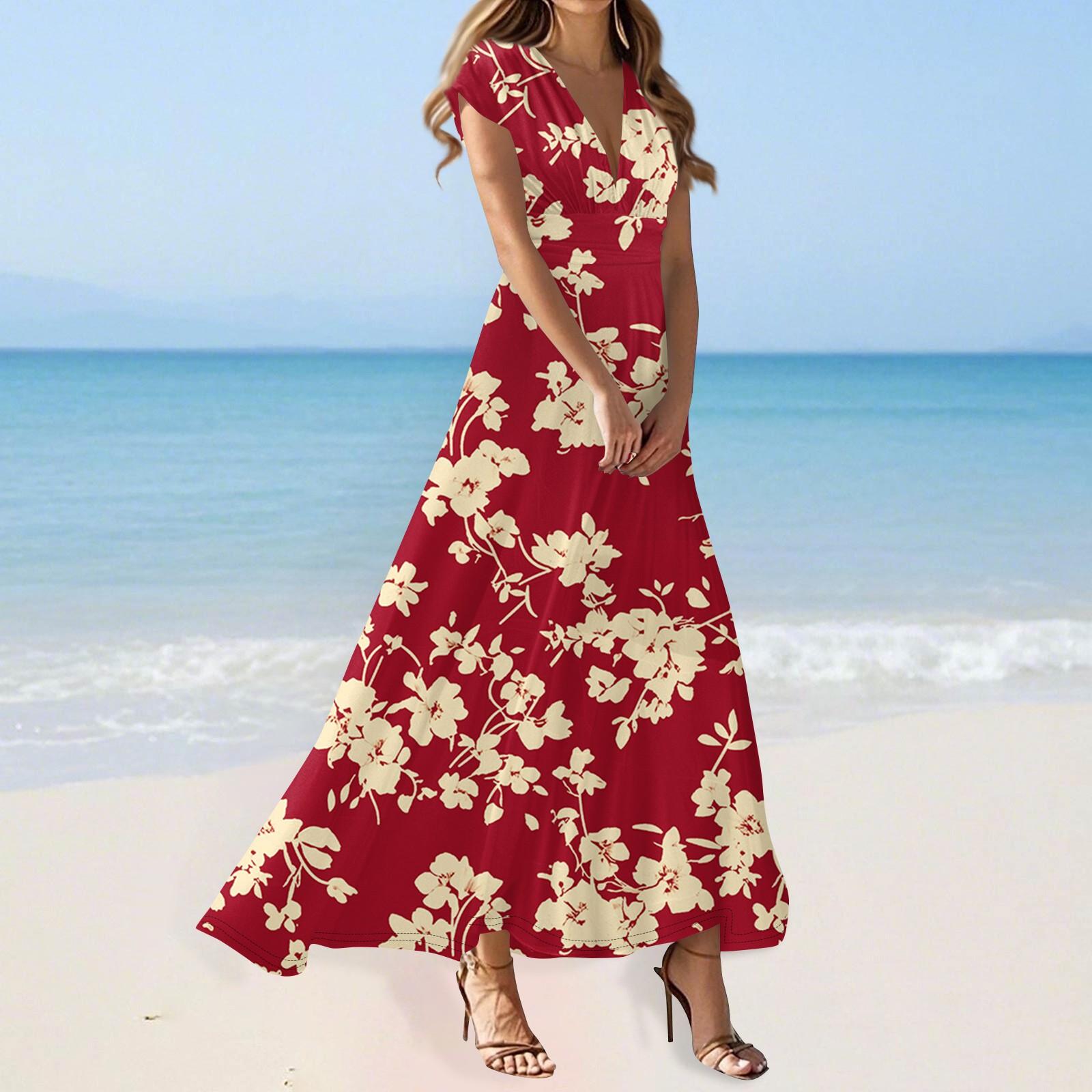 

Women s Summer Casual Fashion Flower Printed Dresses V-Neck Short Sleeve Dresses XL