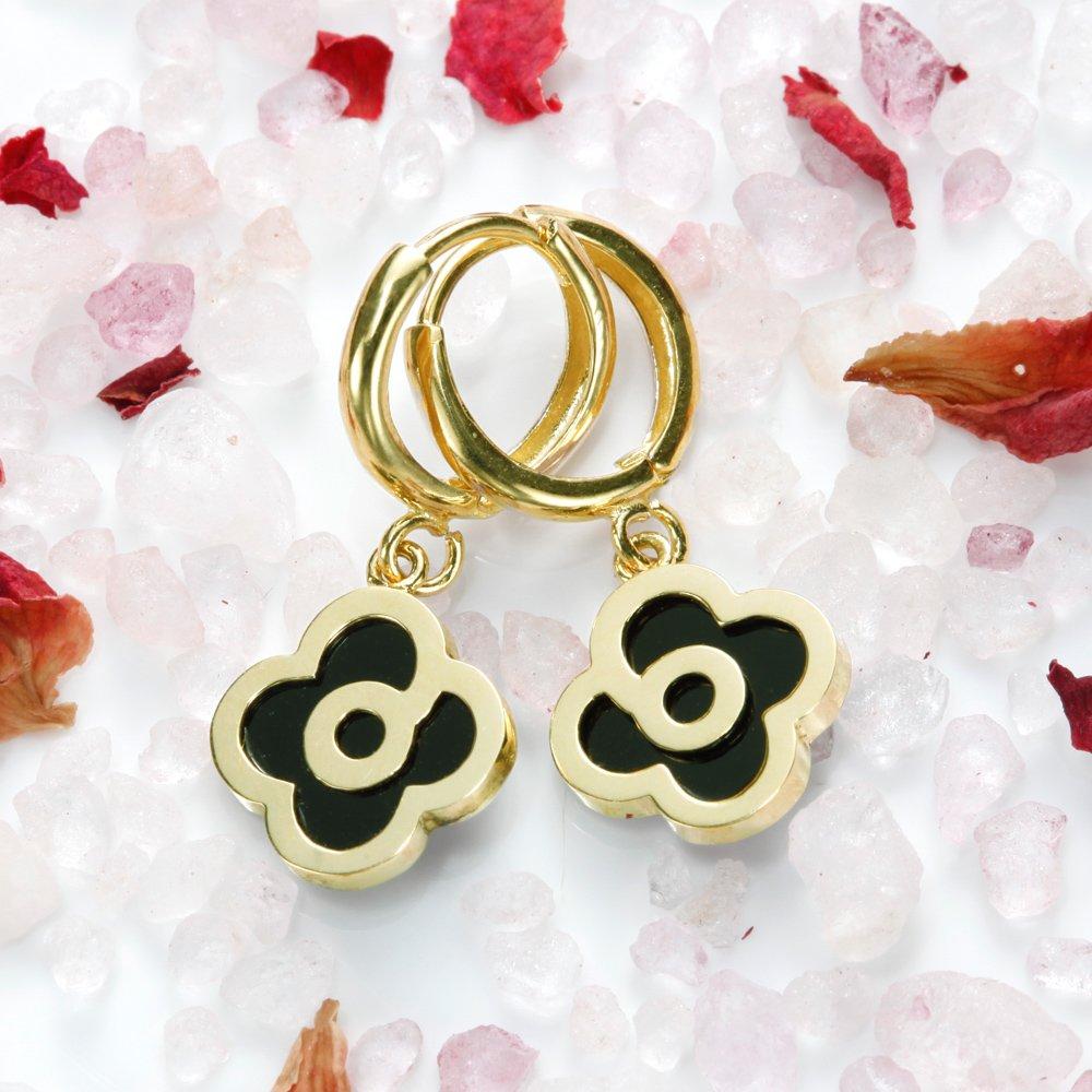 Gift from New York Earrings Onyx 10K Yellow Gold Dangle Earrings Flower Metal Hypoallergenic Gift Women's Women's