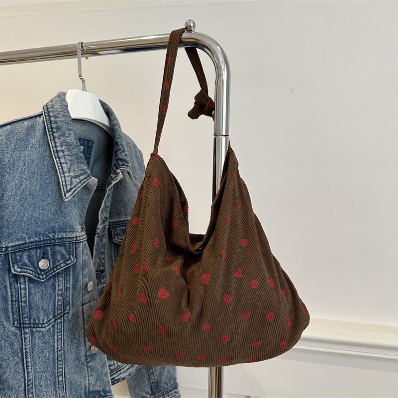 Corduroy Strawberry Print Tote Bag With Magnetic Closure For Daily Use