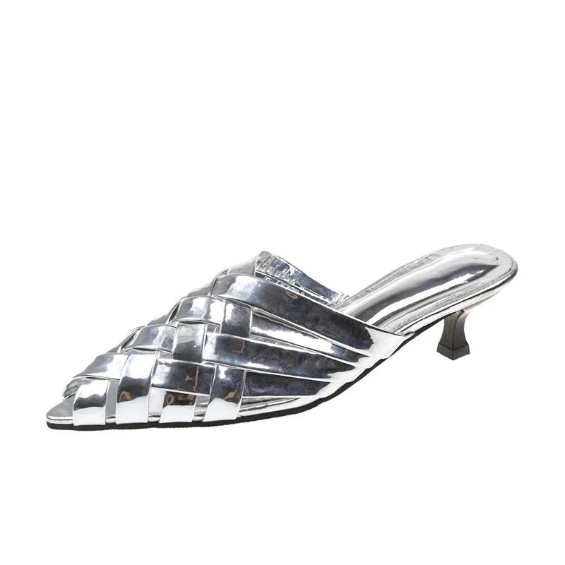 Women Summer 2024 Pointed Toe Stiletto Gladiator Sandals Gold Silver Fashion Luxury Slippers Ladies Brand Designer High Heels