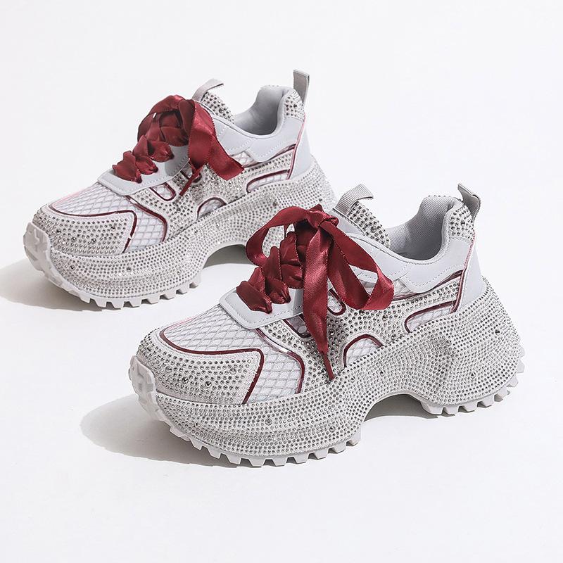 

Женские кроссовки на платформе с полными бриллиантами на шнуровке, увеличивающие рост, весна 2025, спортивная и повседневная обувь, С Новым годом, инс 40