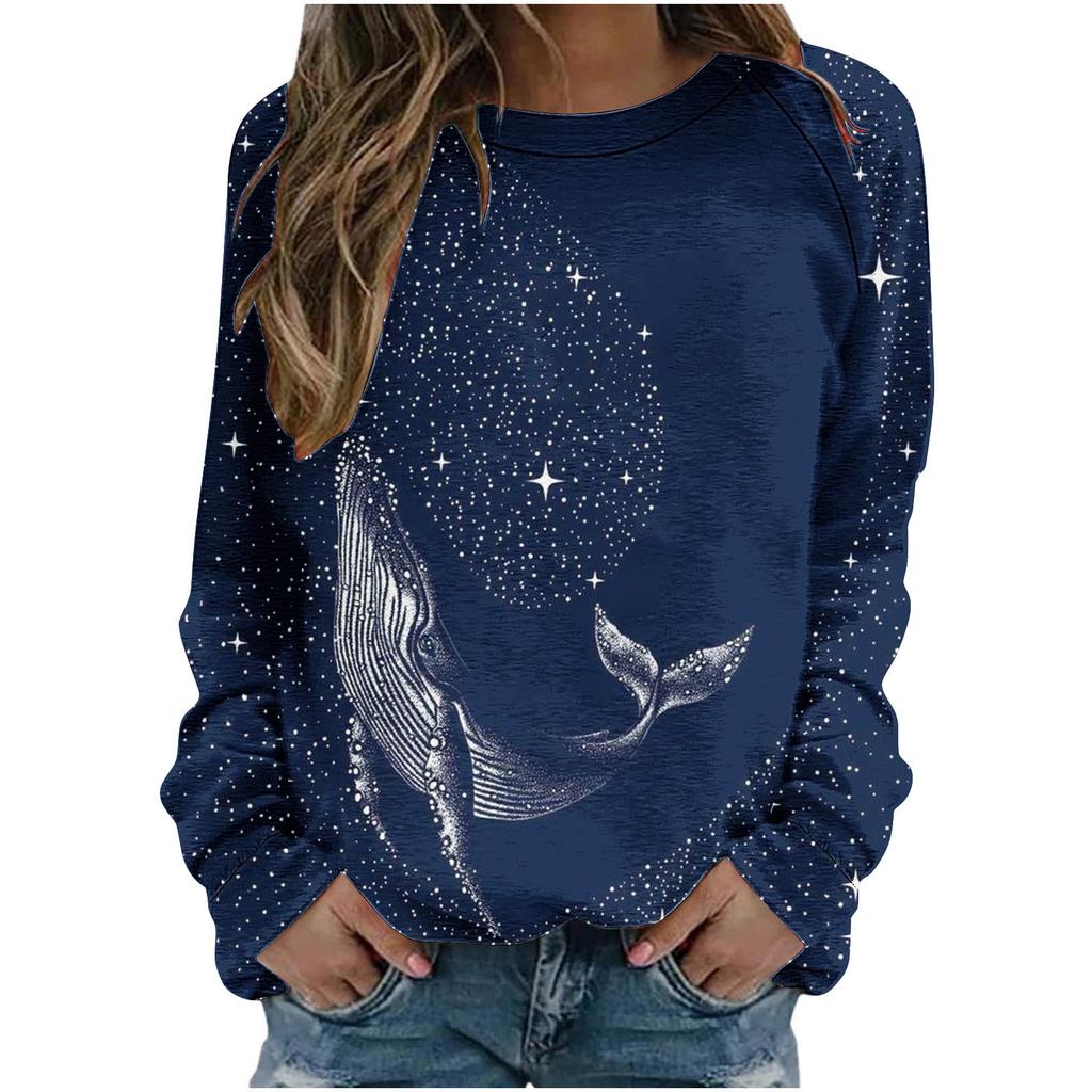 Round Neck Womens Blue Autumn Tshirt Loose Fitting Pullover Long Sleeved Whale 3d Printed Sweatshirt