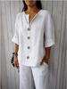 T-shirt Estiva da Donna 2025 Europea & Americana Scollo a V Larga Bottoni Cotone Lino