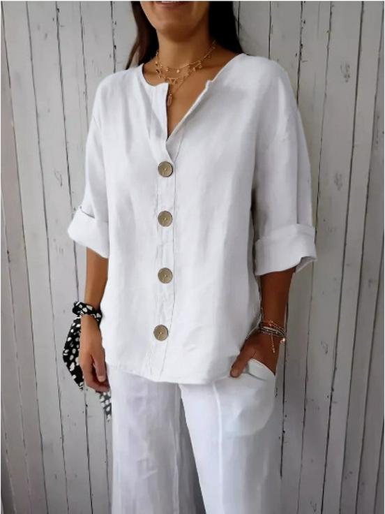T-shirt Estiva da Donna 2025 Europea & Americana Scollo a V Larga Bottoni Cotone Lino