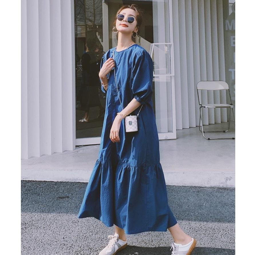 French Chic Temperament Loose and Thin Dress Women's Summer New Japanese Lazy Skirt Blue