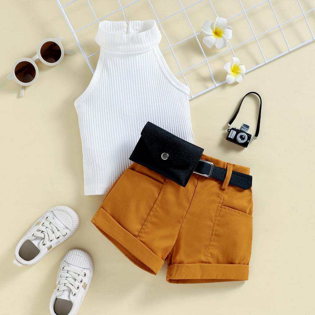 Girls Summer Halter Tank Top Shorts Belt Bag Set