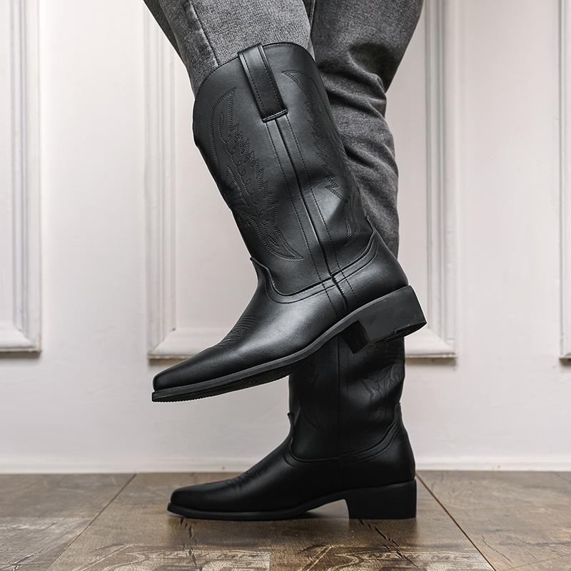New Men's pointed Toe Low heel sole Embroidered Western Cowboy Boots
