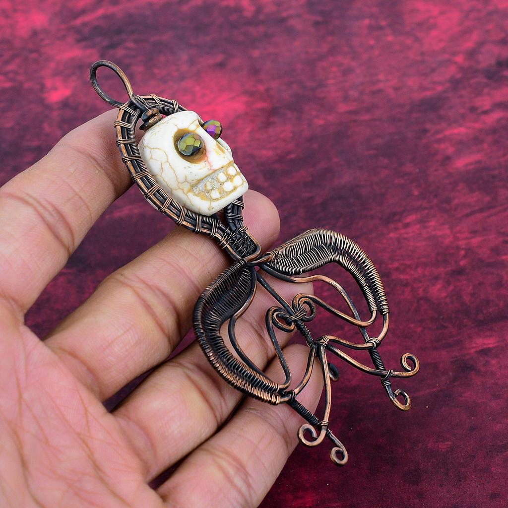 Howlite Pendant Copper Wire Wrapped Jewelry Titanium Bead Eyes Jewelry Skull Bone Face Pendant